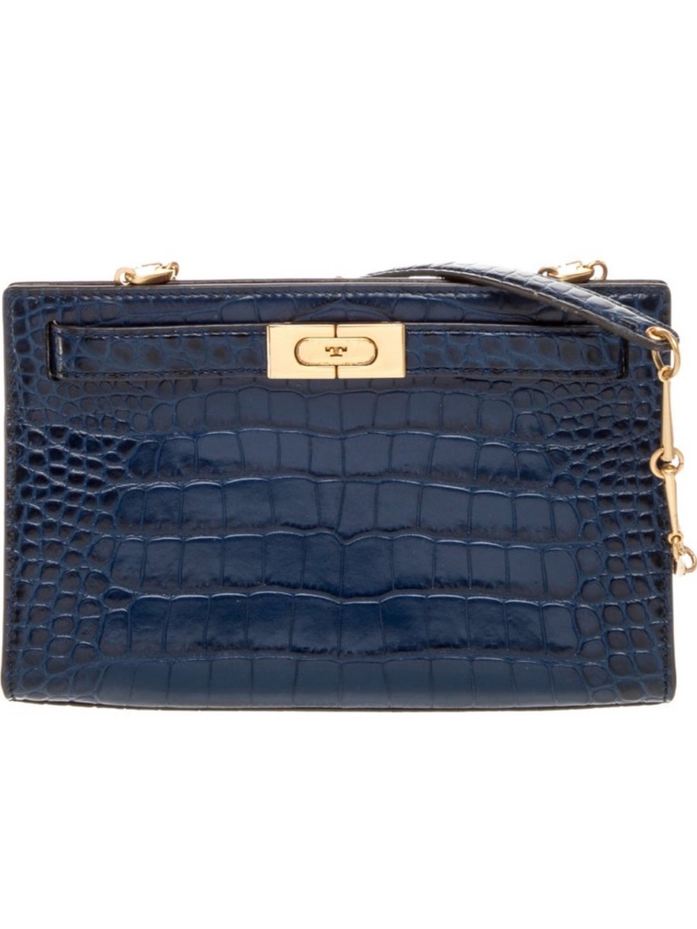 Tory Burch Croc-Embossed Navy Leather Crossbody with Gold Hardware